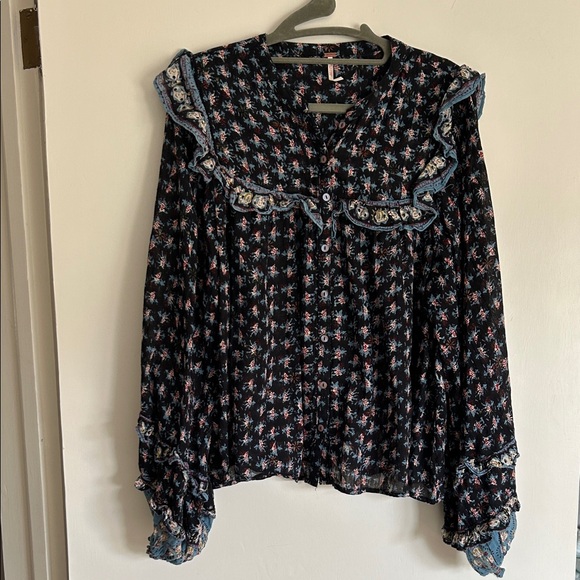 Free People Tops - Free People Black Floral Ruffle Button-Front Blouse with Blue Trim